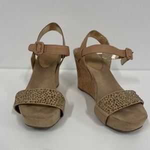 Nine West, cork heeled wedges, tan suede upper. Bronze/gold sparkle toe strap.
